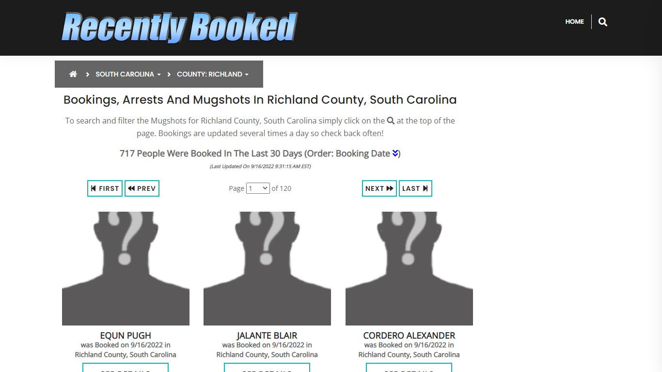Bookings, Arrests and Mugshots in Richland County, South Carolina